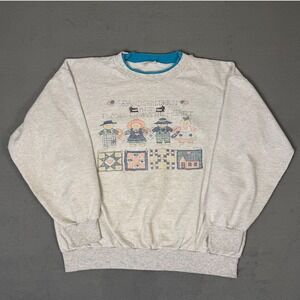Vintage 90s Grandchildren Quilting Crewneck Sweatshirt Folk Art Country Grey XL